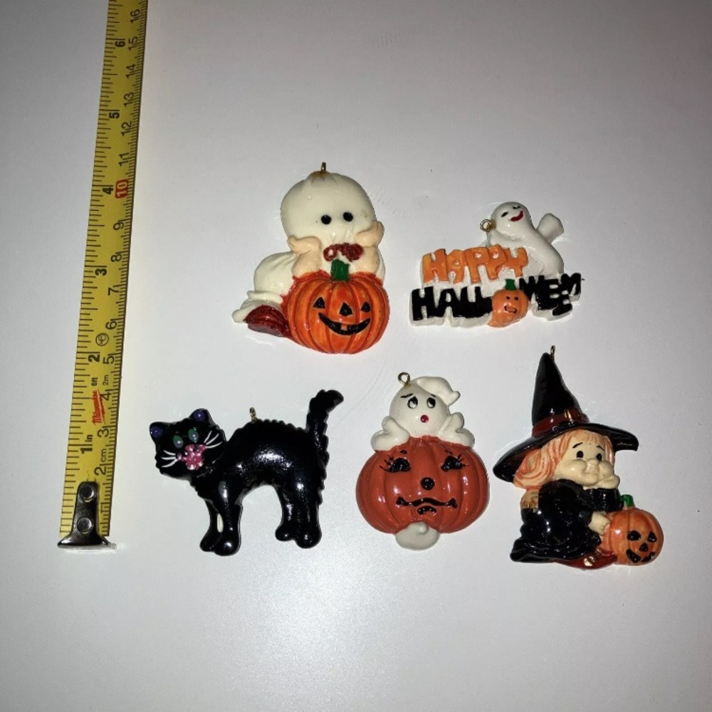 Set of 5 Halloween Charms Witch Ghost Black Cat Jack-o-Lantern